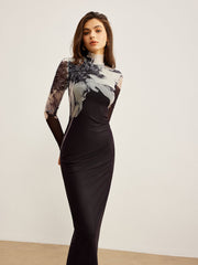 Robe longue col montant imprimée