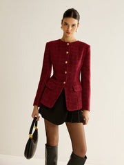 Blazer tweed bordeaux à boutons