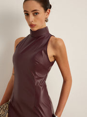 Robe sans manches col montant simili cuir