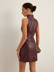 Robe sans manches col montant simili cuir