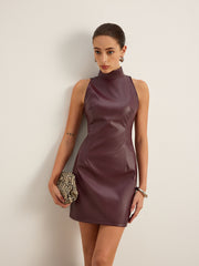 Robe sans manches col montant simili cuir