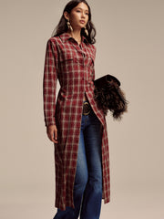 Robe chemise maxi à carreaux col polo