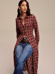 Robe chemise maxi à carreaux col polo
