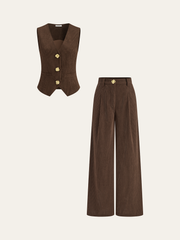 Pantalon ample en velours côtelé brun, pièce seule, vue de face