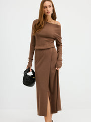 Robe maxi épaules dénudées côtelée