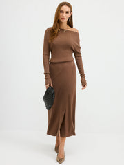 Robe maxi épaules dénudées côtelée