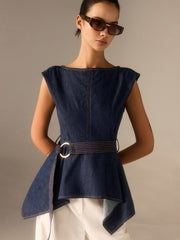Top peplum ceinturé en denim