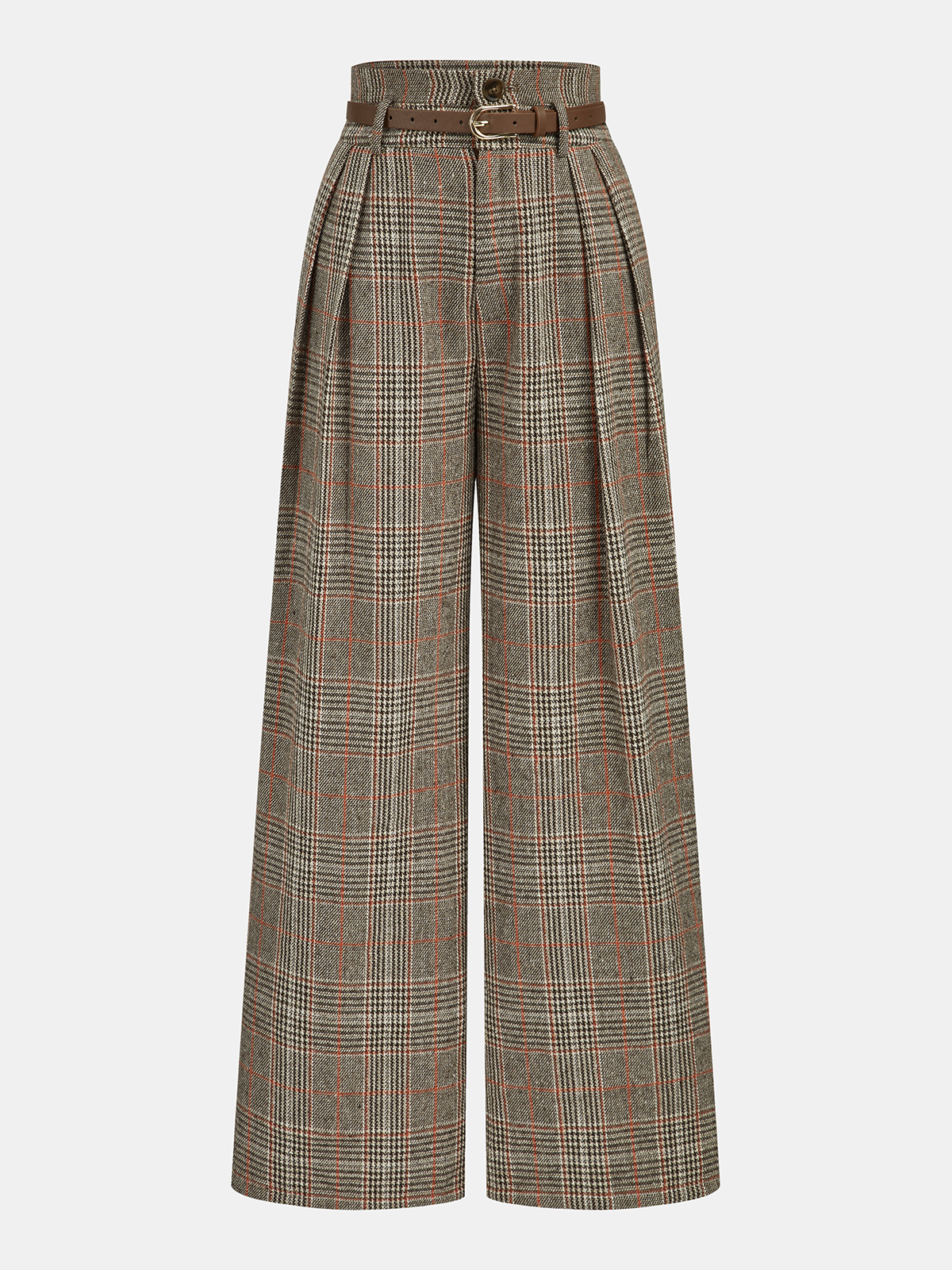 Pantalon à carreaux ceinturé brun, pièce seule, vue de face