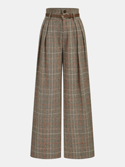Pantalon à carreaux ceinturé brun, pièce seule, vue de face