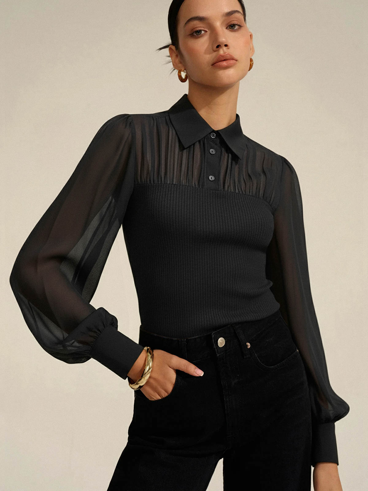 Chemise côtelée semi-transparente manches longues