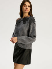 Pull dentelle fleurie col rond