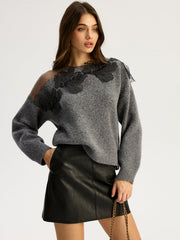 Pull dentelle fleurie col rond