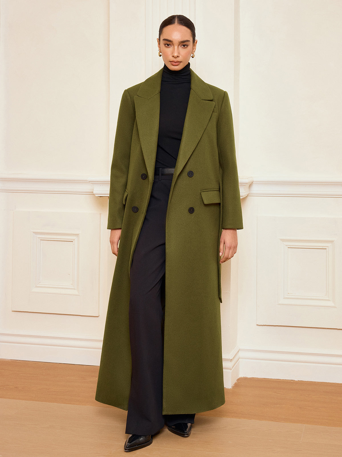 Manteau long croisé à ceinture
