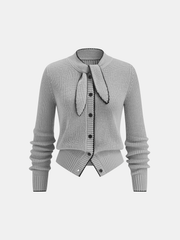 Cardigan col lavallière laine gris clair — vue de face, bordure noire