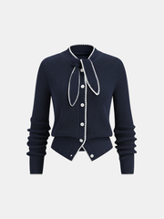 Cardigan col lavallière laine bleu marine — vue de face, bordure claire