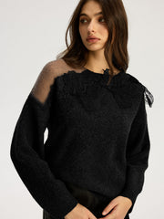 Pull dentelle fleurie col rond