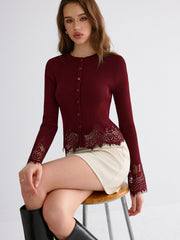 Cardigan bordure dentelle manches évasées