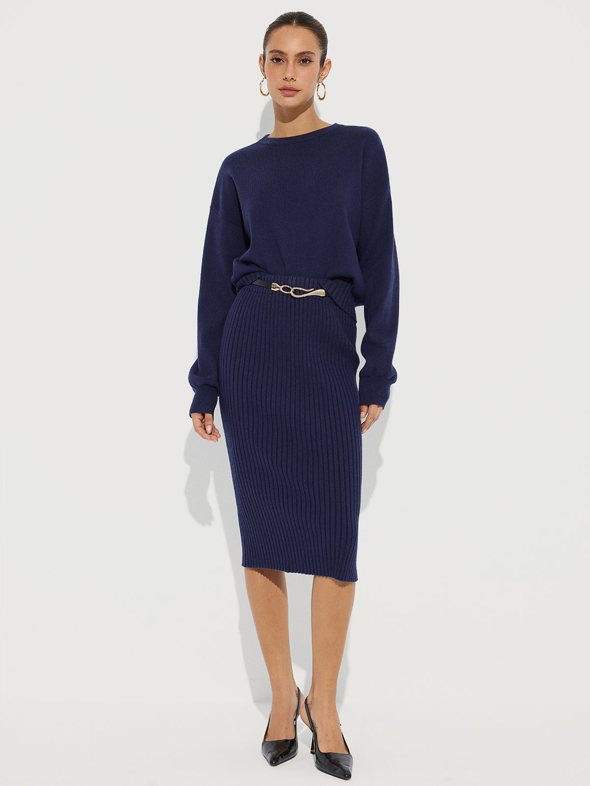 Ensemble pull jupe midi côtelé