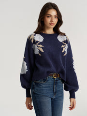 Top jacquard fleuri manches ballon