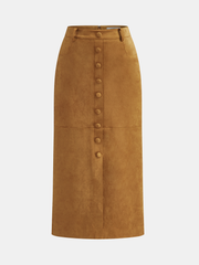Jupe midi fendue effet daim boutons décoratifs