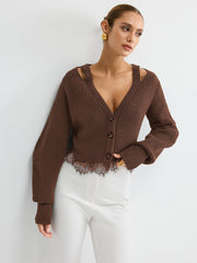 Cardigan bordure dentelle laine
