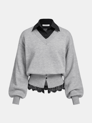 Pull col contrasté bord dentelle