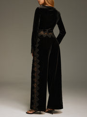Pantalon velours à bande de dentelle noir, vue portée de dos