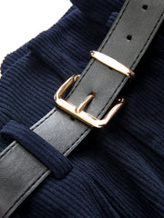 Pantalon velours marine à ceinture, détail de la ceinture