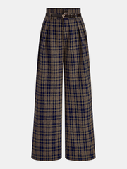 Pantalon à carreaux ceinturé brun foncé, pièce seule, vue de face
