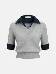 Top tricot col contrasté manches courtes
