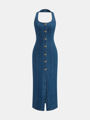 Robe maxi sans manches col rond denim