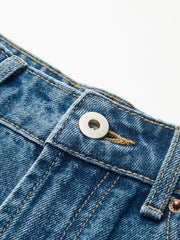 Jean large taille haute bleu, détail, bouton