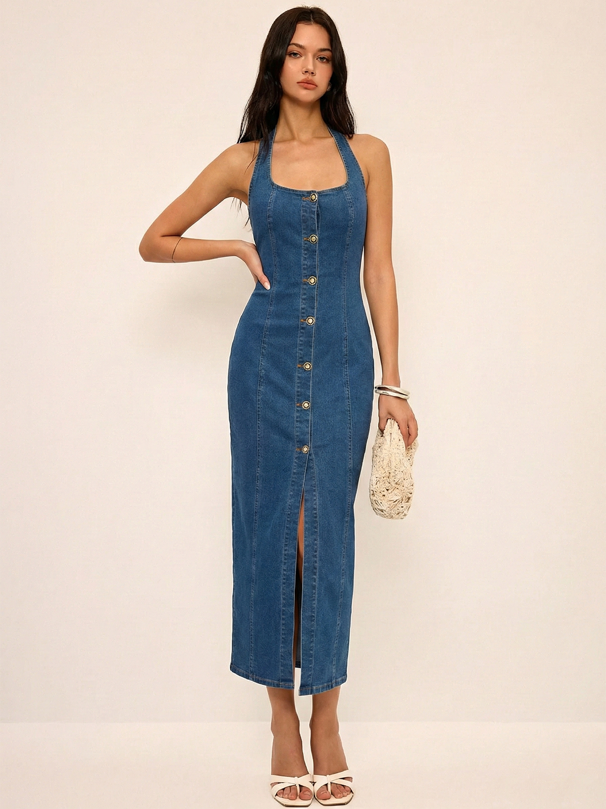 Robe maxi sans manches col rond denim