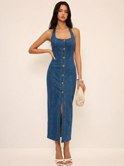 Robe maxi sans manches col rond denim