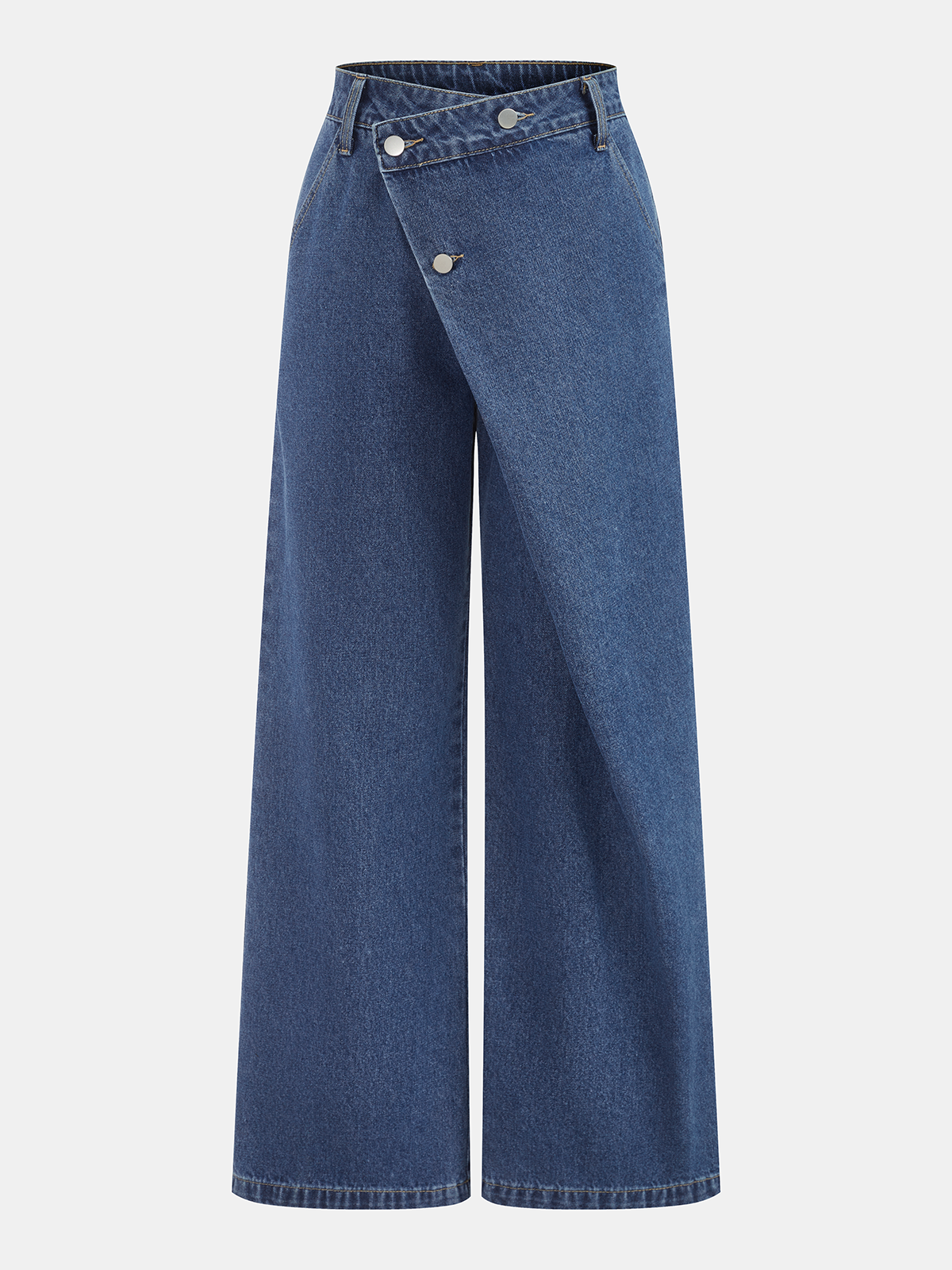 Jean asymétrique à jambes larges bleu, pièce seule, vue de face