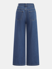 Jean asymétrique à jambes larges bleu, pièce seule, vue de dos