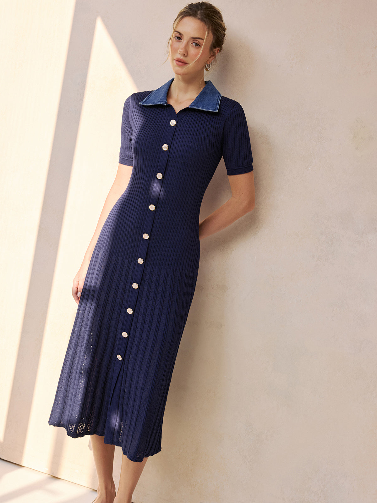 Robe midi denim tricot côtelé