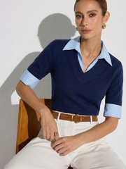 Top tricot col contrasté manches courtes