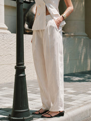 Pantalon rayé en tencel blanc, vue portée, détail