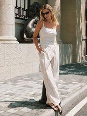 Pantalon rayé en tencel blanc, vue portée de face