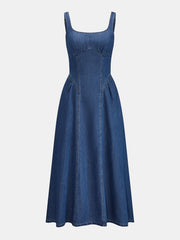 Robe longue en jean col carré