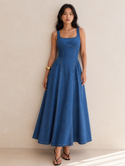 Robe longue en jean col carré