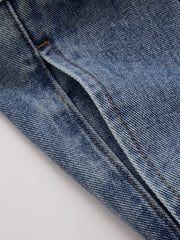 Jean plissé à jambes larges bleu, détail du pli