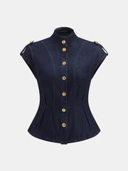 Blouse col montant ceinturée en jean