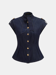 Blouse col montant ceinturée en jean