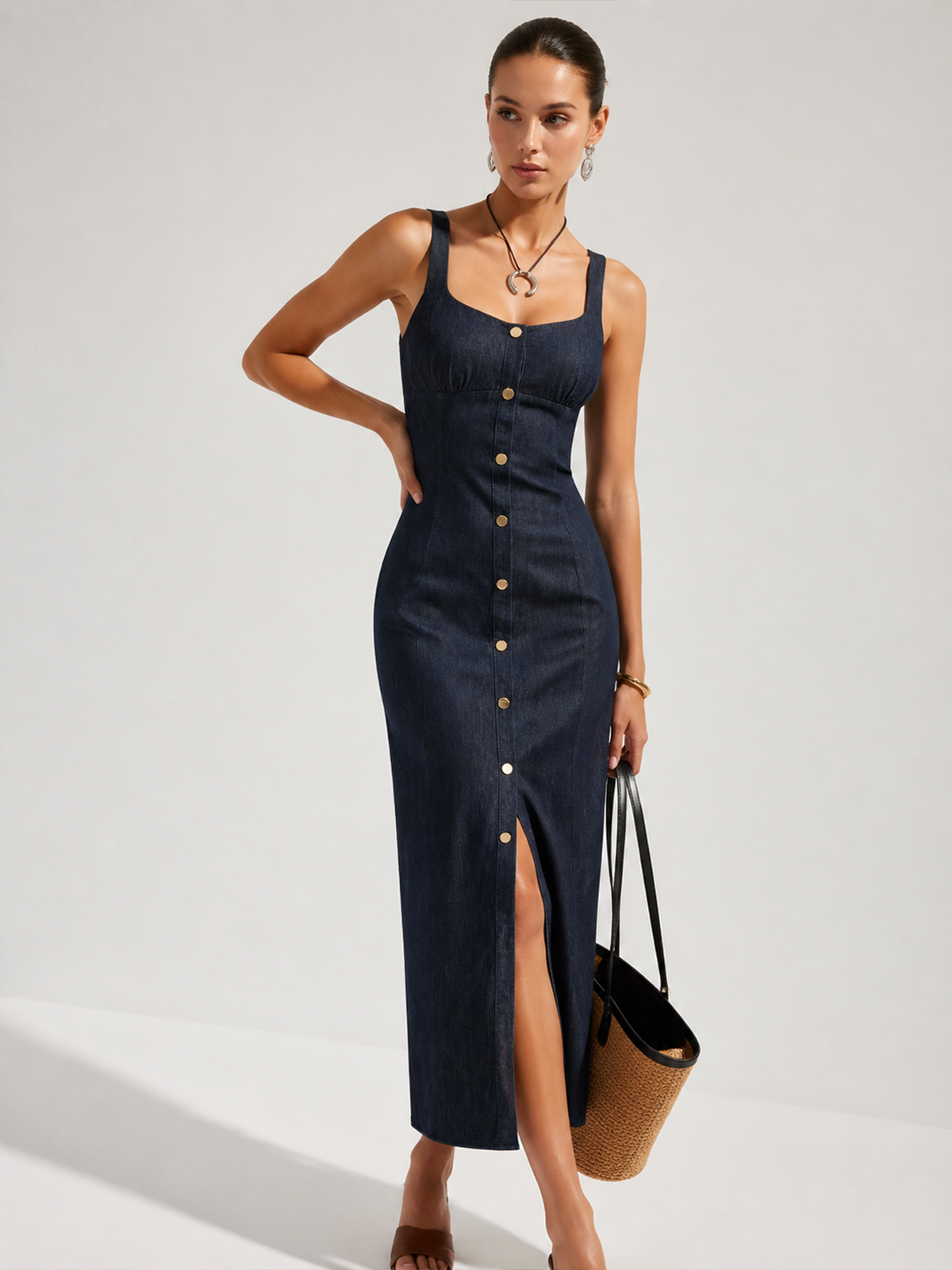 Robe midi en denim boutonnée