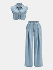 Ensemble top denim pantalon large