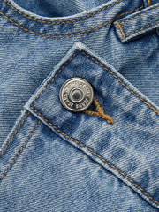 Jean portefeuille jambe large bleu, détail du boutonnage