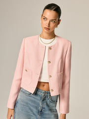 Blazer tweed rose à boutons