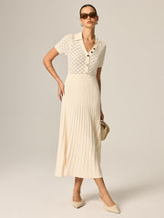 Robe longue tricot col polo plissée